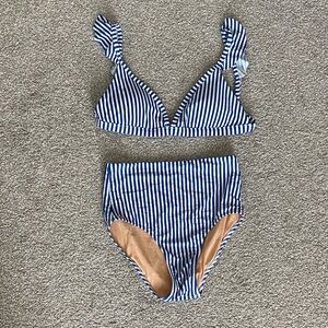 J. Crew Blue and White Striped High-Waist Bikini